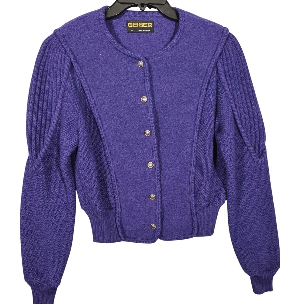 Geiger Austria Purple Boiled Wool Cardigan Sweater Silver Ornate Buttons Size 40